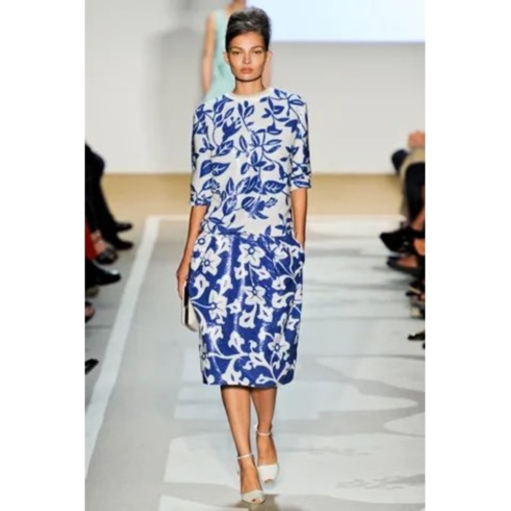 Diane Von Furstenberg Floral Sequin Drape Skirt In White & Blue Size 10 - Picture 4 of 14